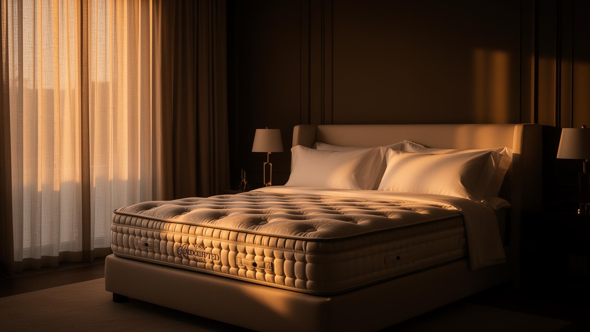 A serene luxury bedroom at golden hour